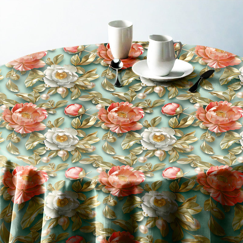 Peach Peonies on Mint Round Tablecloth