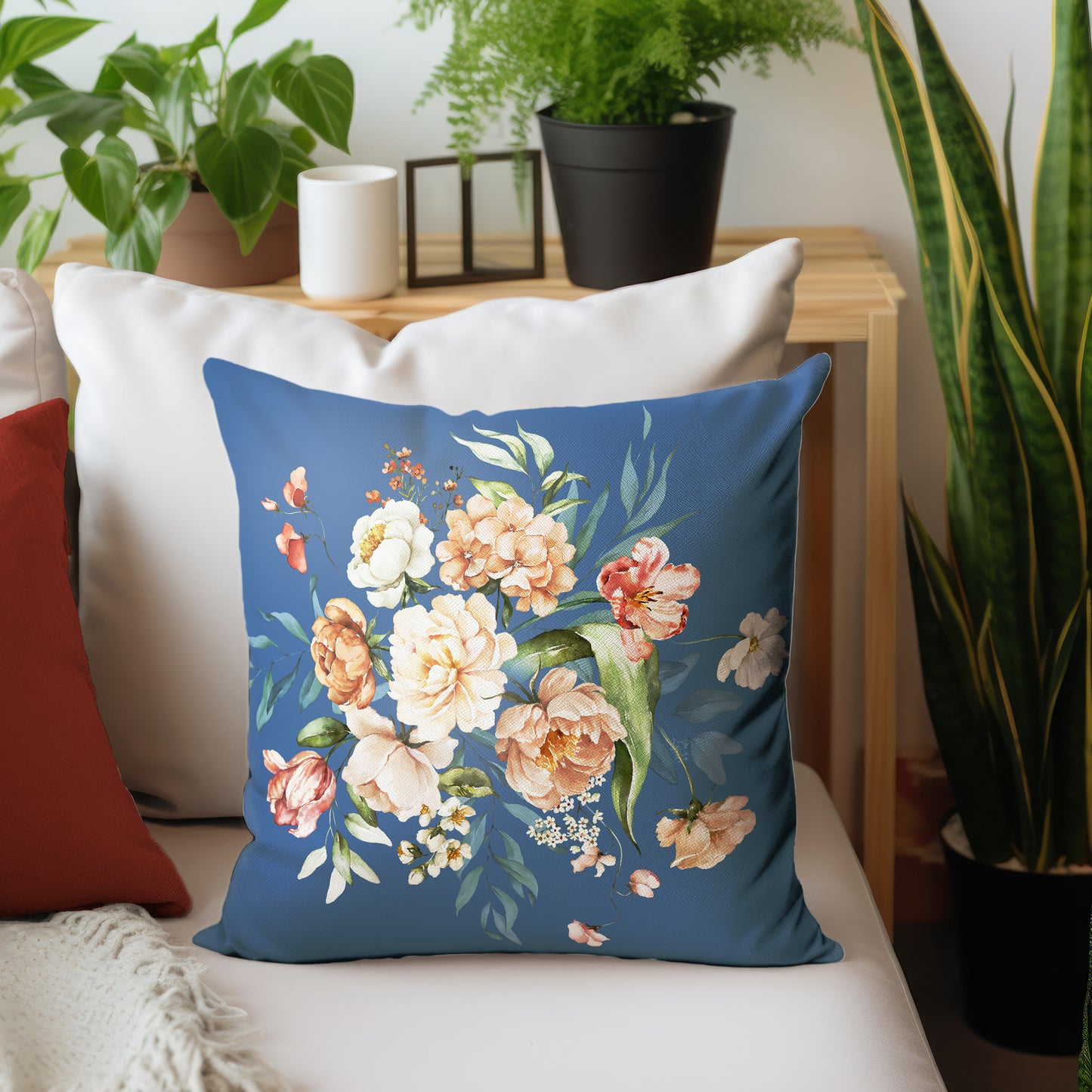 Peach Floral On Blue Luxury Scatter by Mark van Vuuren