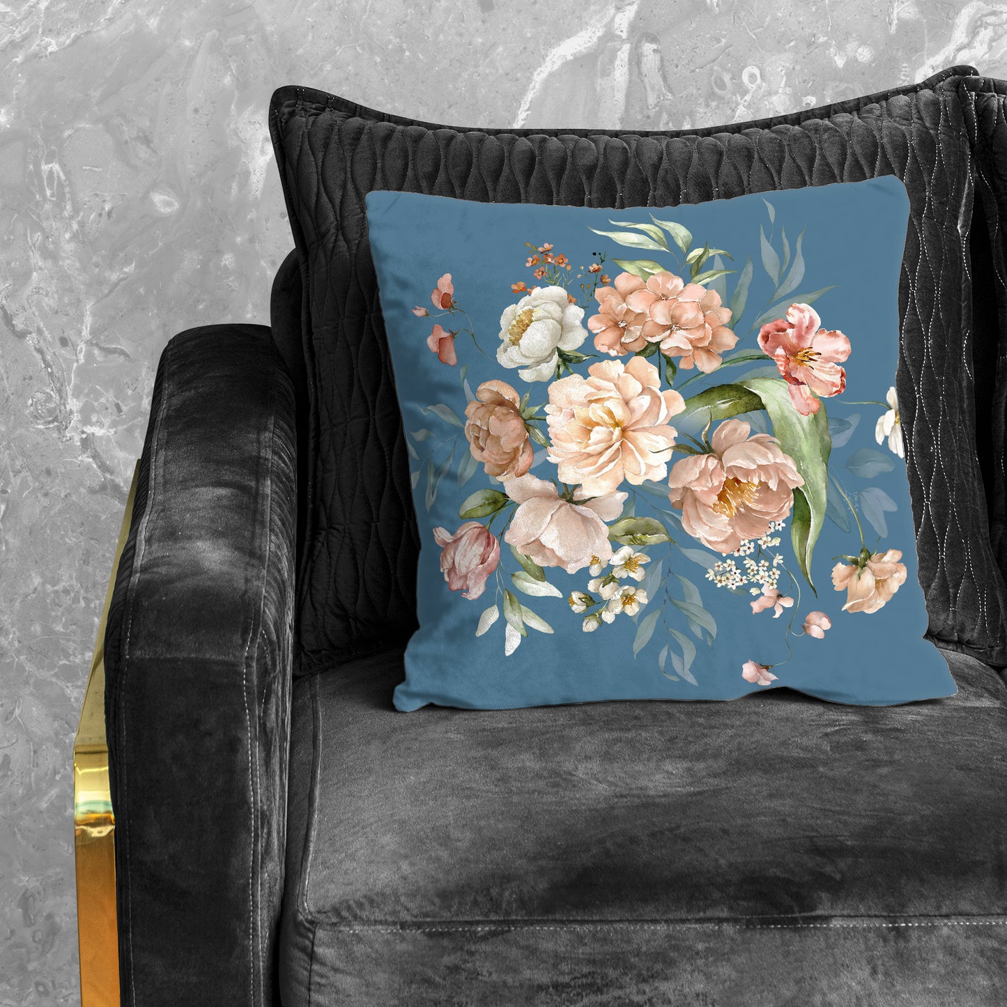 Peach Floral On Blue Luxury Scatter by Mark van Vuuren