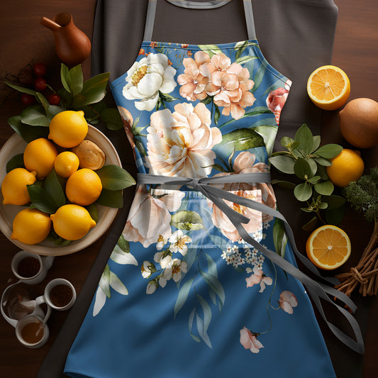 Peach Flowers On Blue Medium Length Apron By Mark Van Vuuren