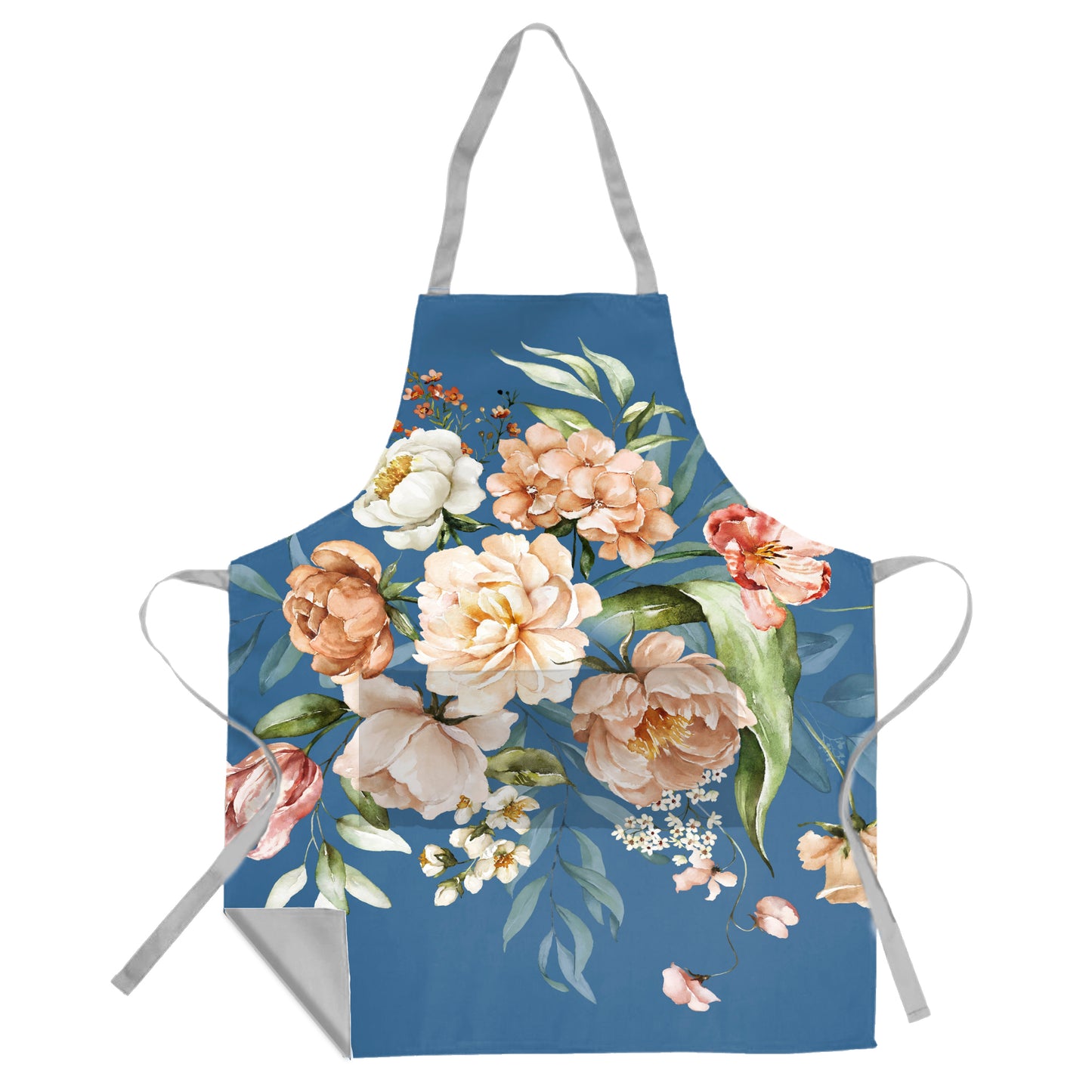 Peach Flowers On Blue Medium Length Apron By Mark Van Vuuren