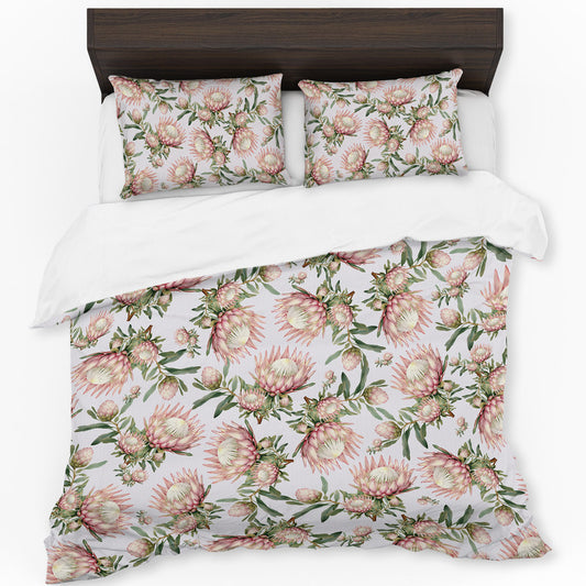 Pink Protea on Beige Duvet Cover Set by Mark van Vuuren