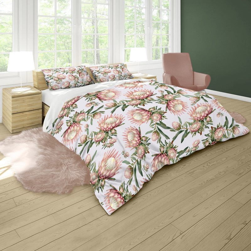 Pink Protea on Beige Duvet Cover Set by Mark van Vuuren