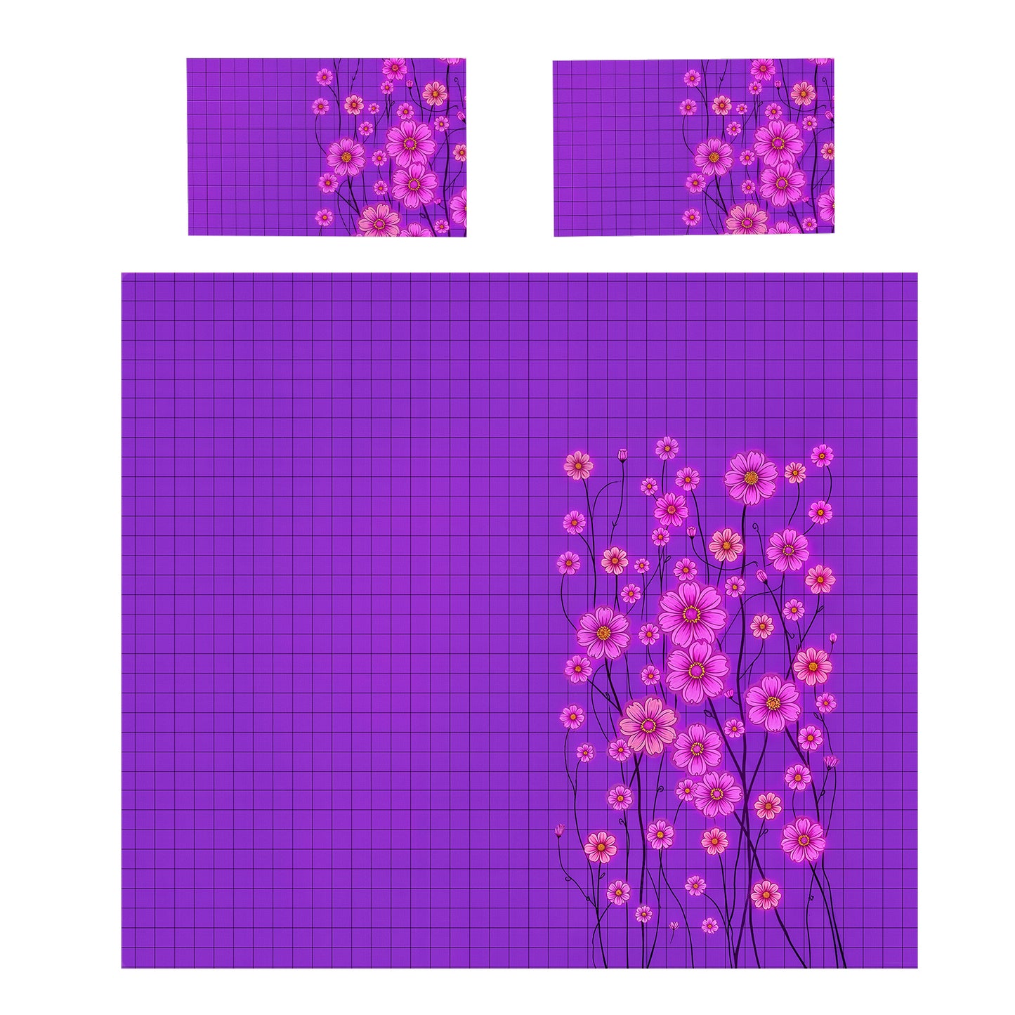 Pink Flowers on Purple Duvet Cover Set