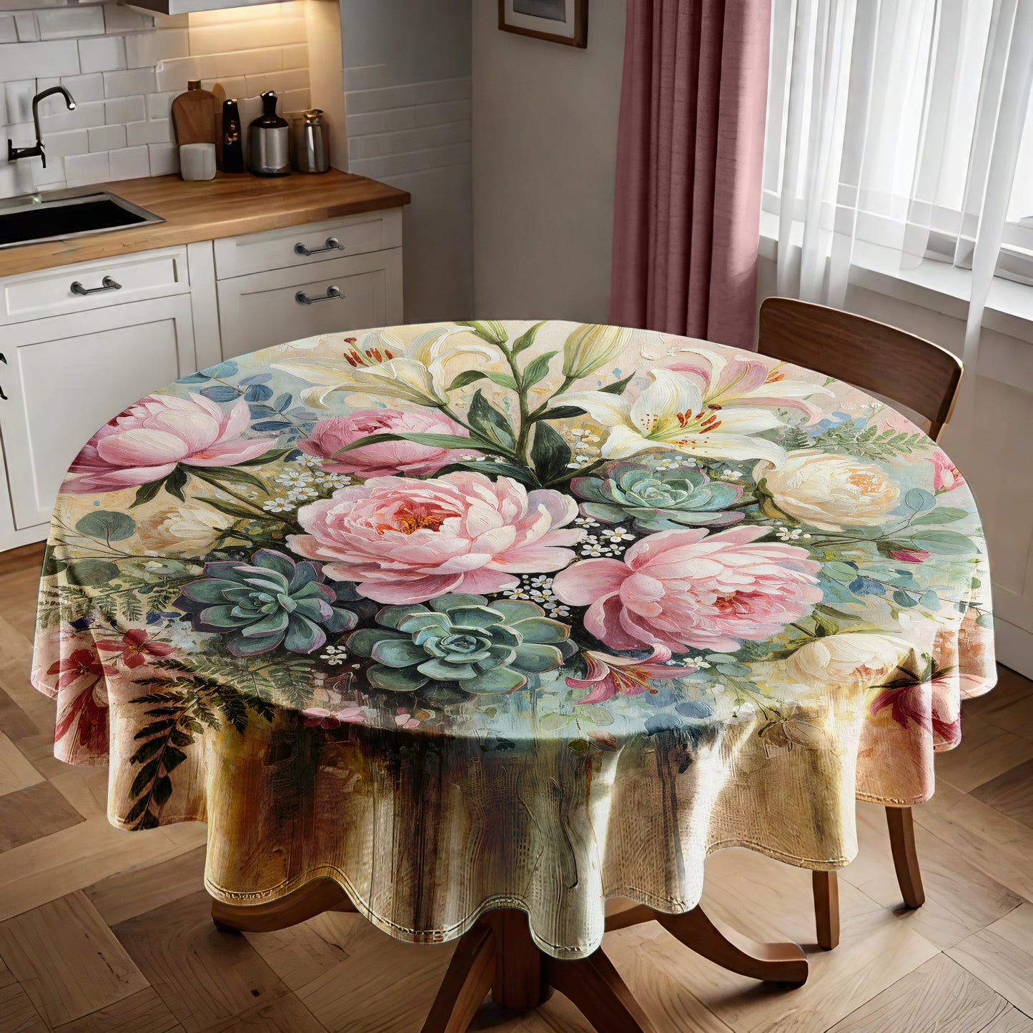 Pink Painted Peony & Succulents Round Tablecloth