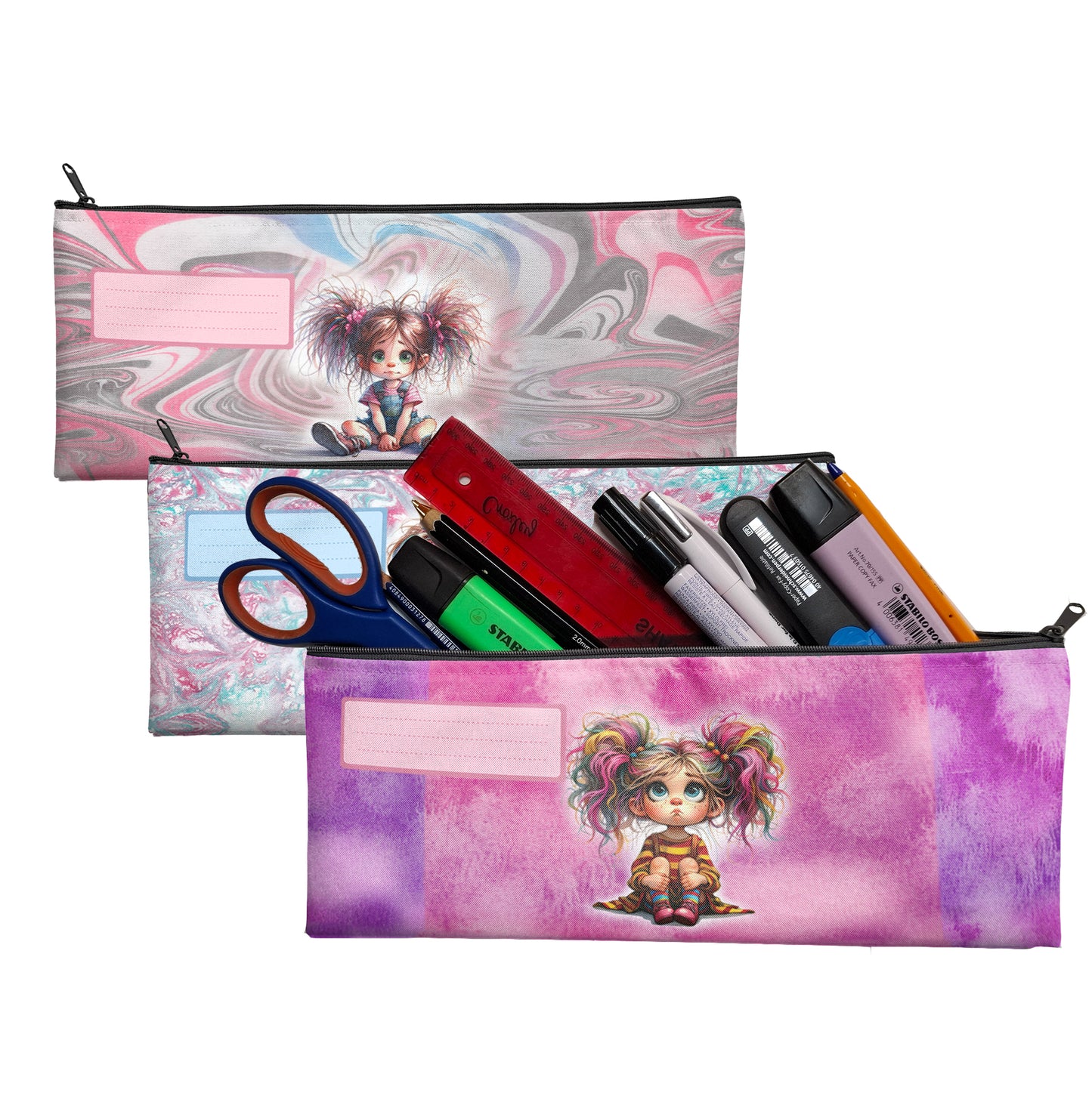 Zip & Go Pink Pony Tails Pencil Bags Set of 3