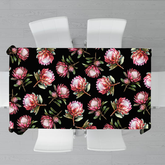 Pink Proteas on Black Rectangle Tablecloth by Mark van Vuuren