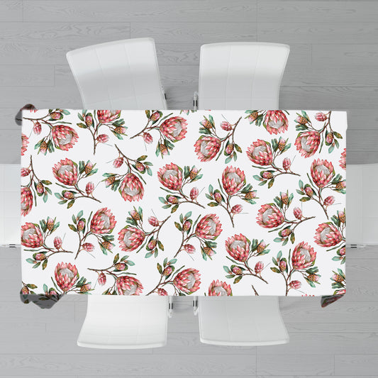 Pink Proteas on White Rectangle Tablecloth by Mark van Vuuren
