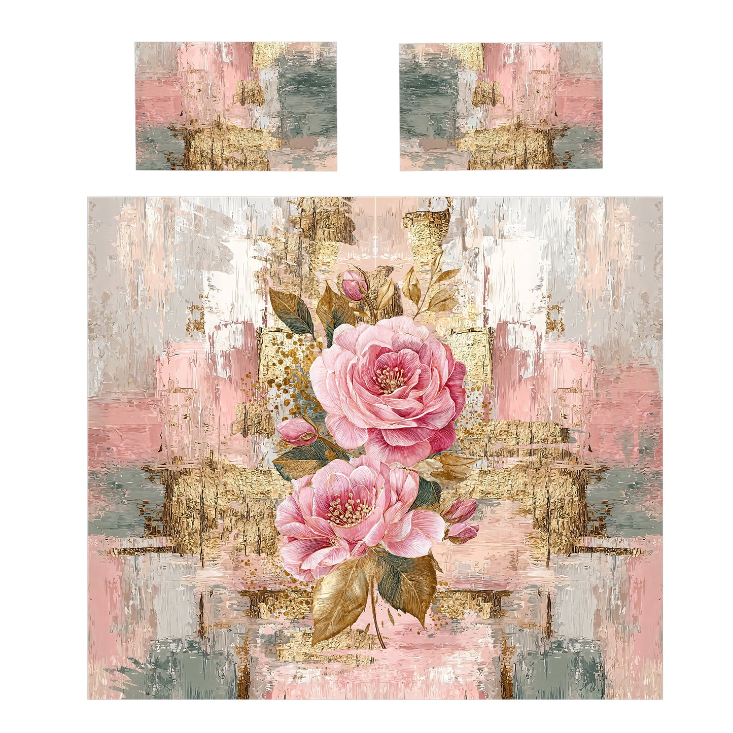 Pink Roses in Gold Leaf Duvet Cover Set