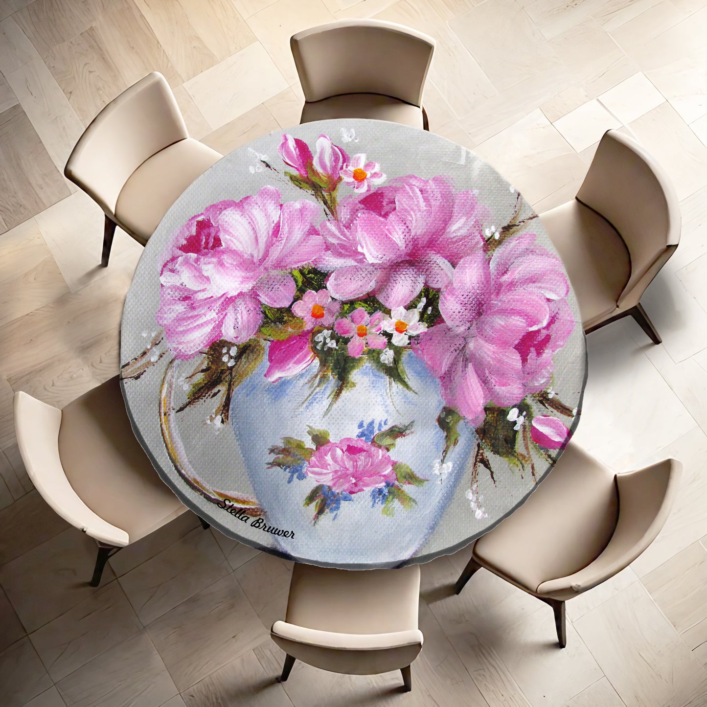 Pink Pottery By Stella Bruwer Round Tablecloth