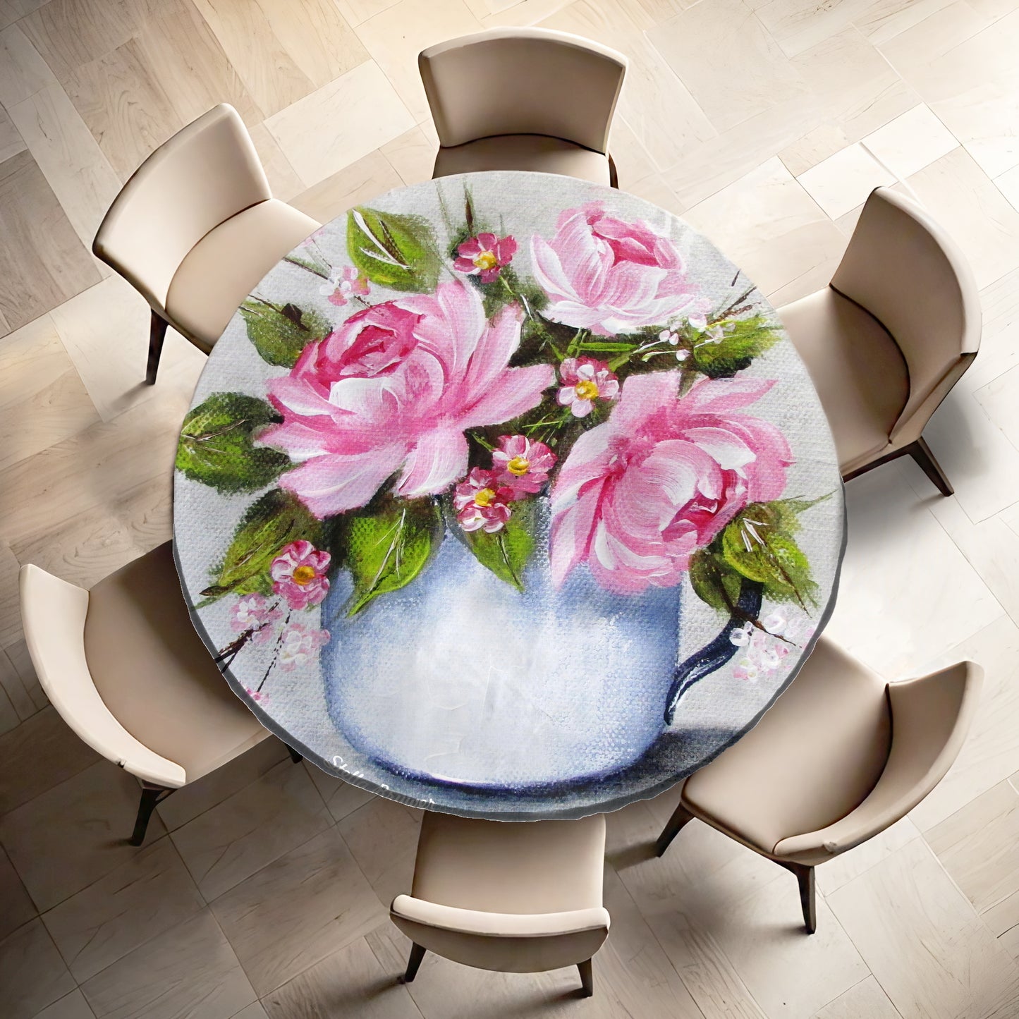 Pink Roses in a Cup By Stella Bruwer Round Tablecloth