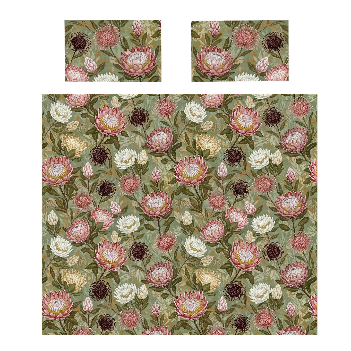 Pink & White Proteas On Green Duvet Cover Set