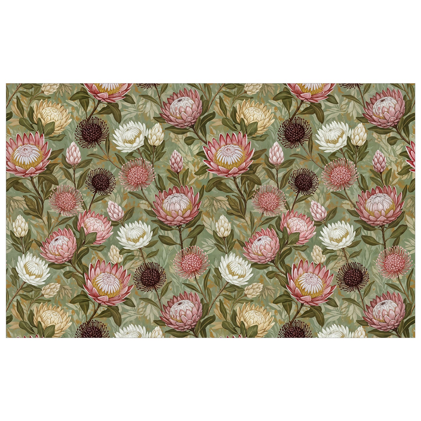 Pink & White Proteas On Green Rectangle Tablecloth
