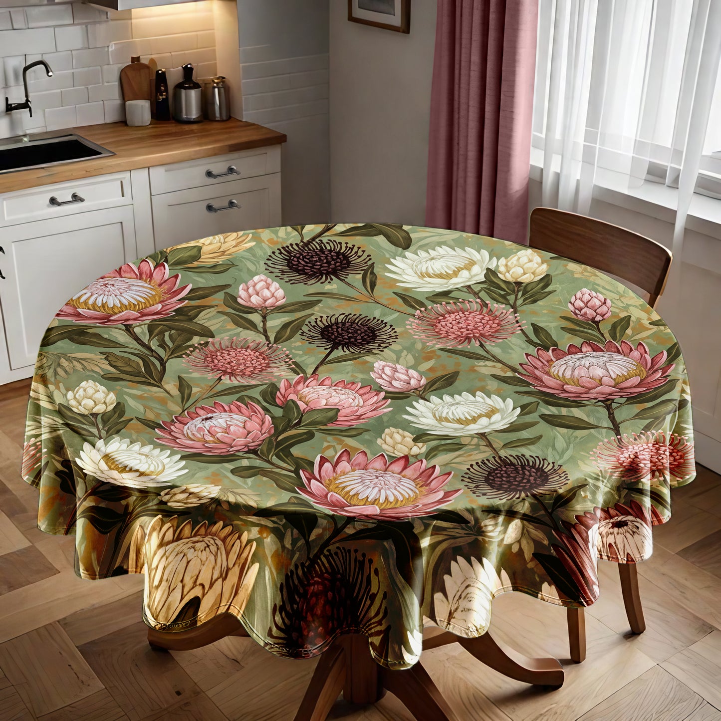 Pink & White Proteas On Green Round Tablecloth