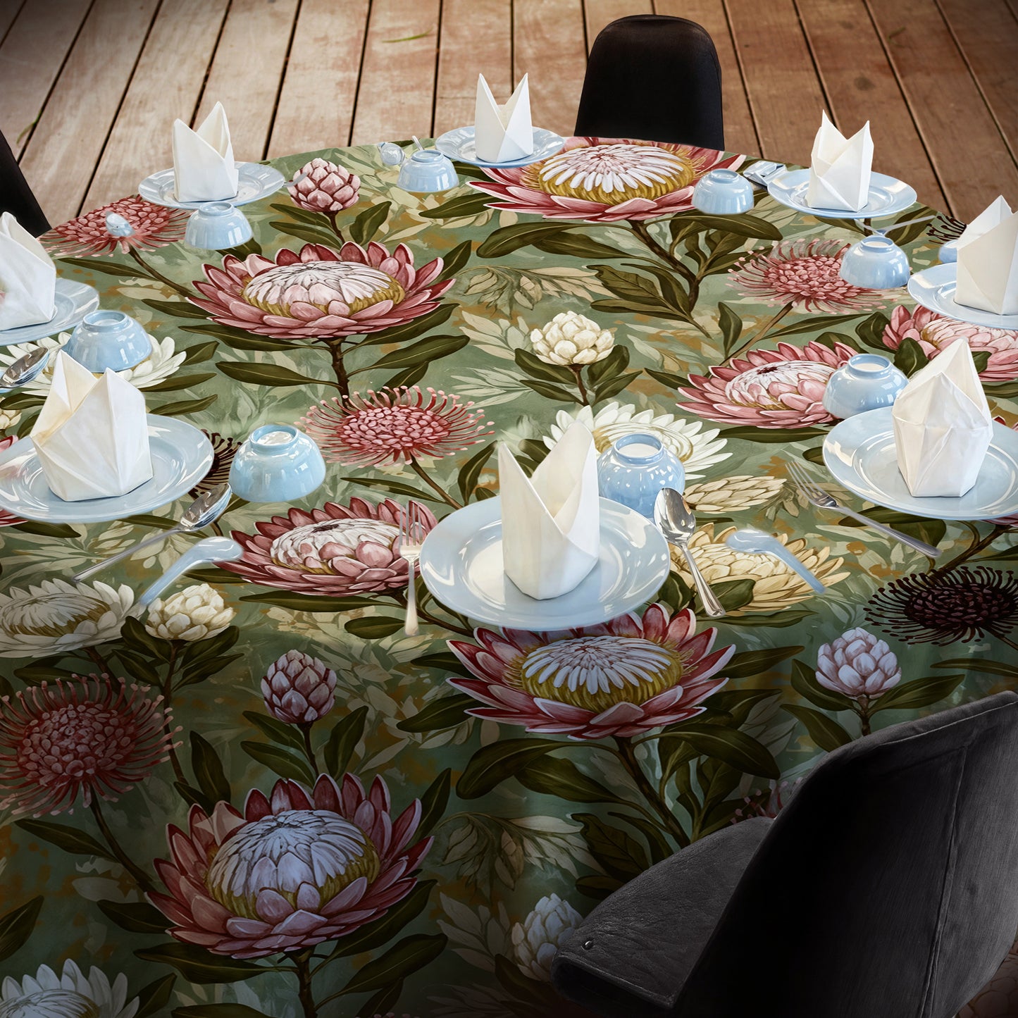 Pink & White Proteas On Green 2,3m Round Tablecloth