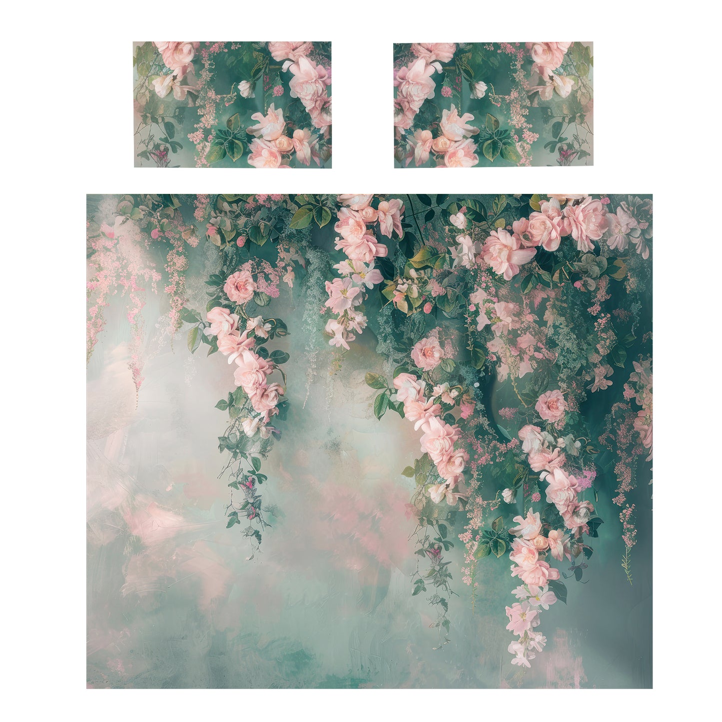 Pink on Green Floral Duvet Cover Set