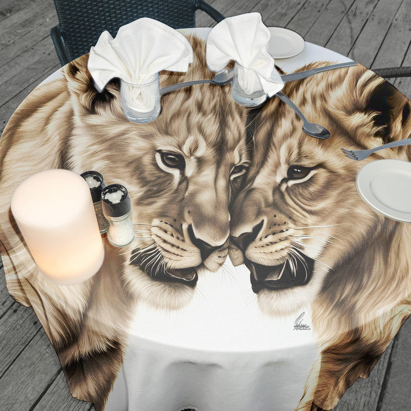Playful Prowess Lion Cubs Round Tablecloth by Nathan Pieterse