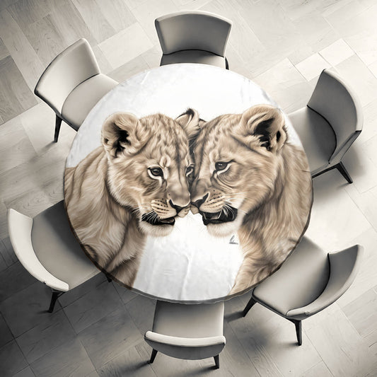 Playful Prowess Lion Cubs Round Tablecloth by Nathan Pieterse