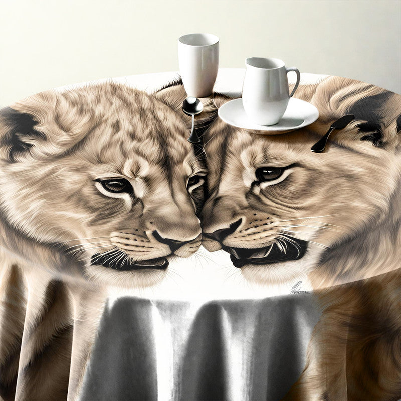 Playful Prowess Lion Cubs Round Tablecloth by Nathan Pieterse