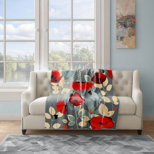 Poppies on Grey Light Weight Fleece Blanket
