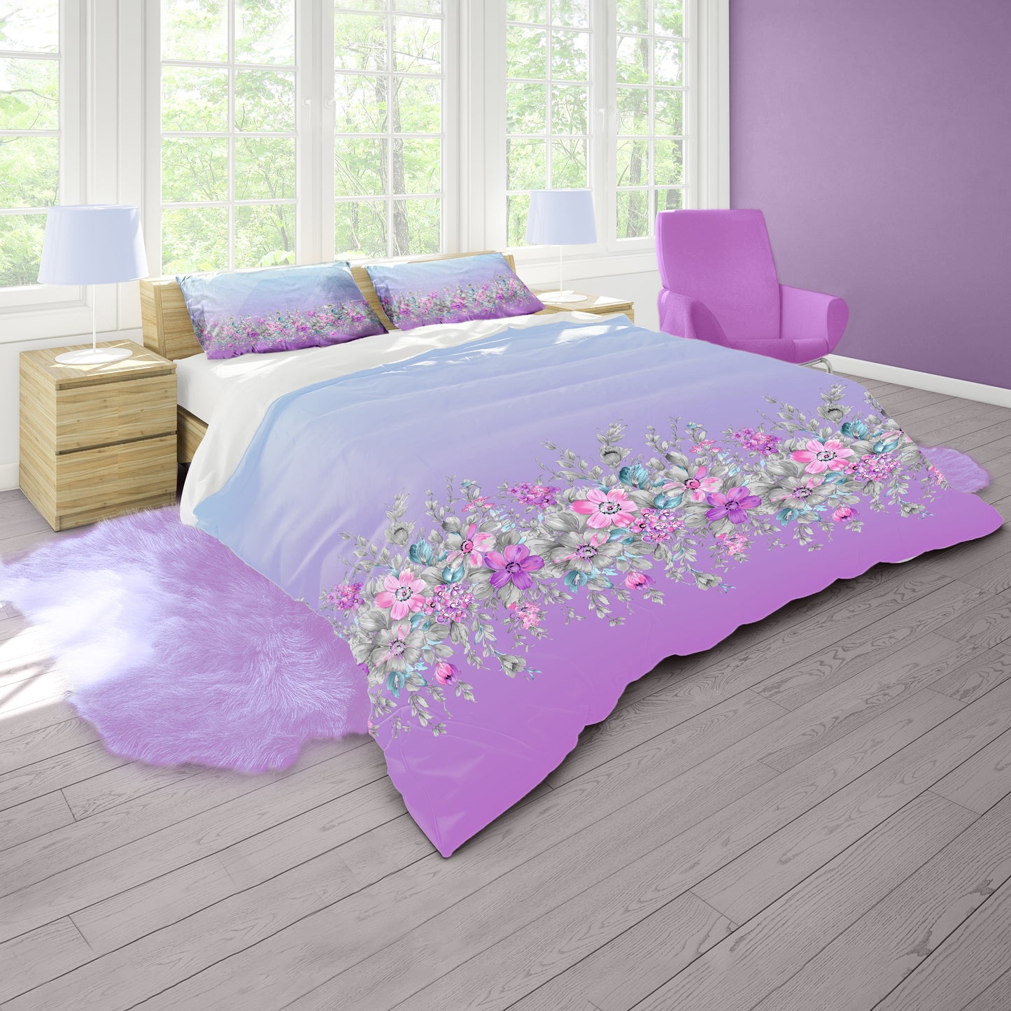 Purple Gradient Flower Band Duvet Cover Set