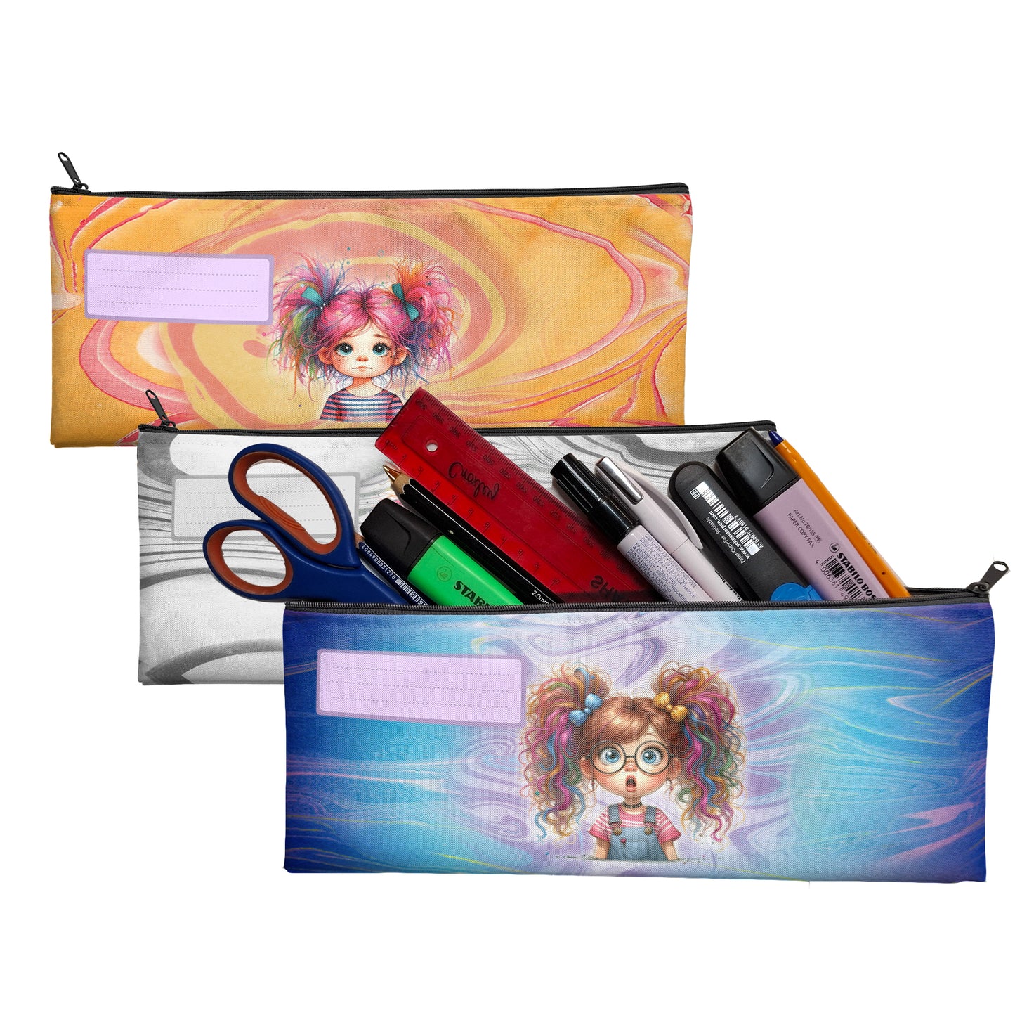 Zip & Go Quirky Girl Abstract Pencil Bags Set of 3