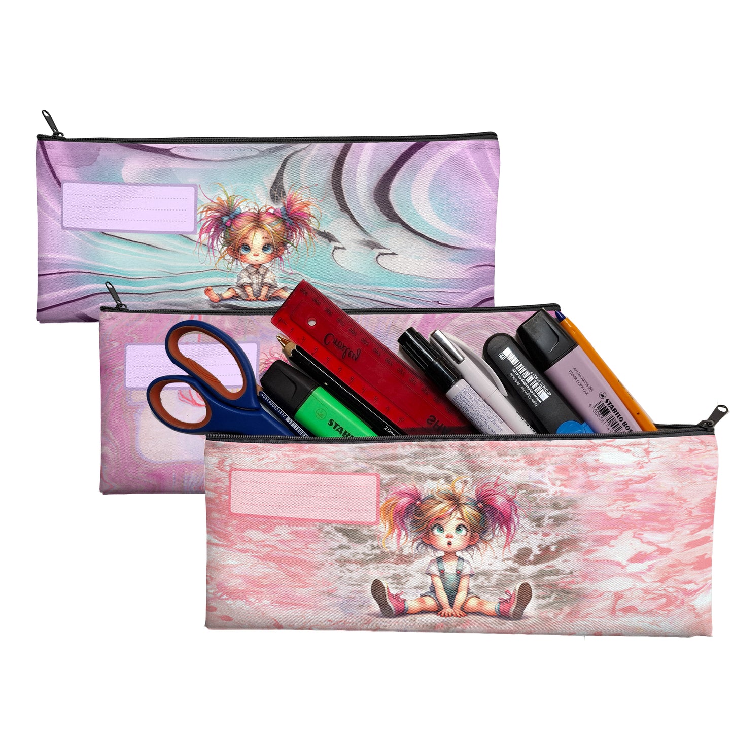 Zip & Go Quirky Girl Colours Pencil Bags Set of 3