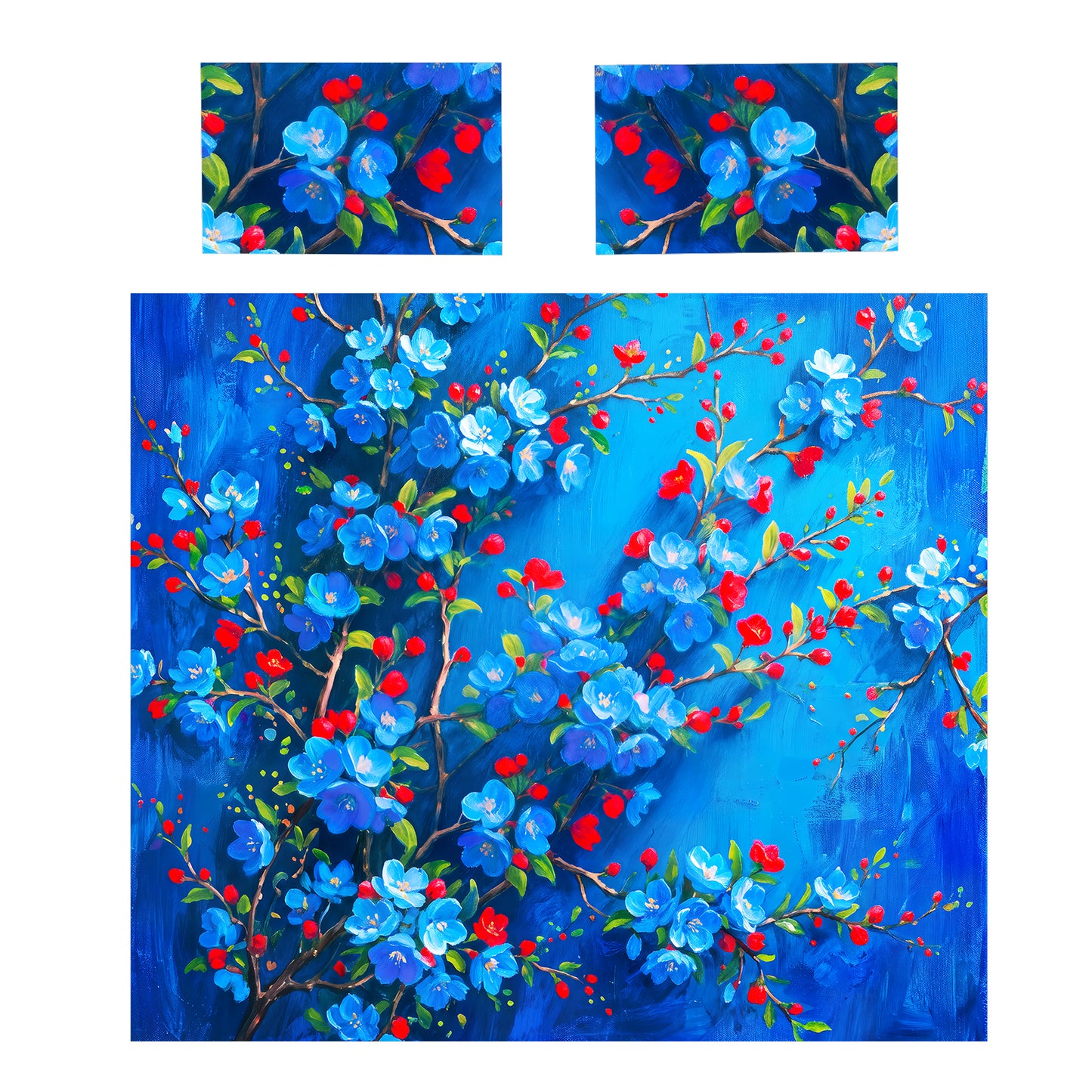 Red Blossoms on Blue Duvet Cover Set