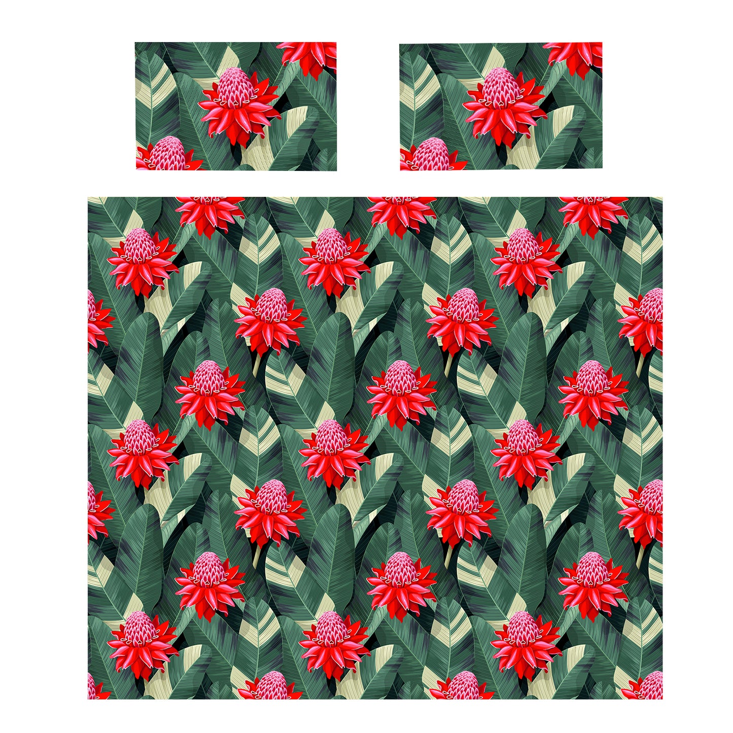 Red Flowers On Green Leaves Duvet Cover Set