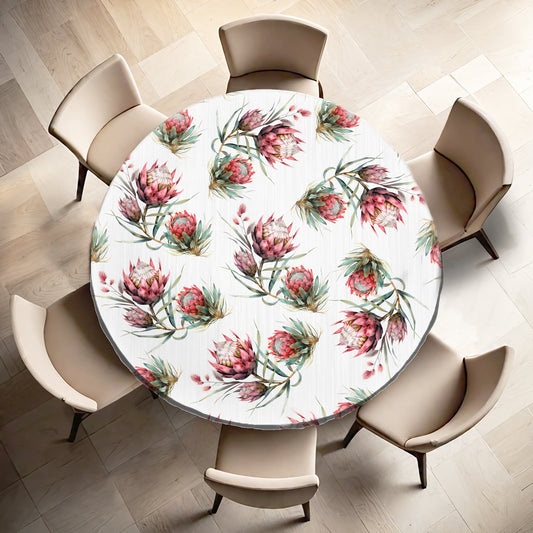Red Protea on White Wood Round Tablecloth by Mark van Vuuren