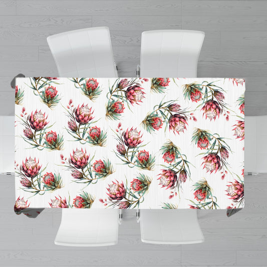 Red Proteas on White Rectangle Tablecloth by Mark van Vuuren