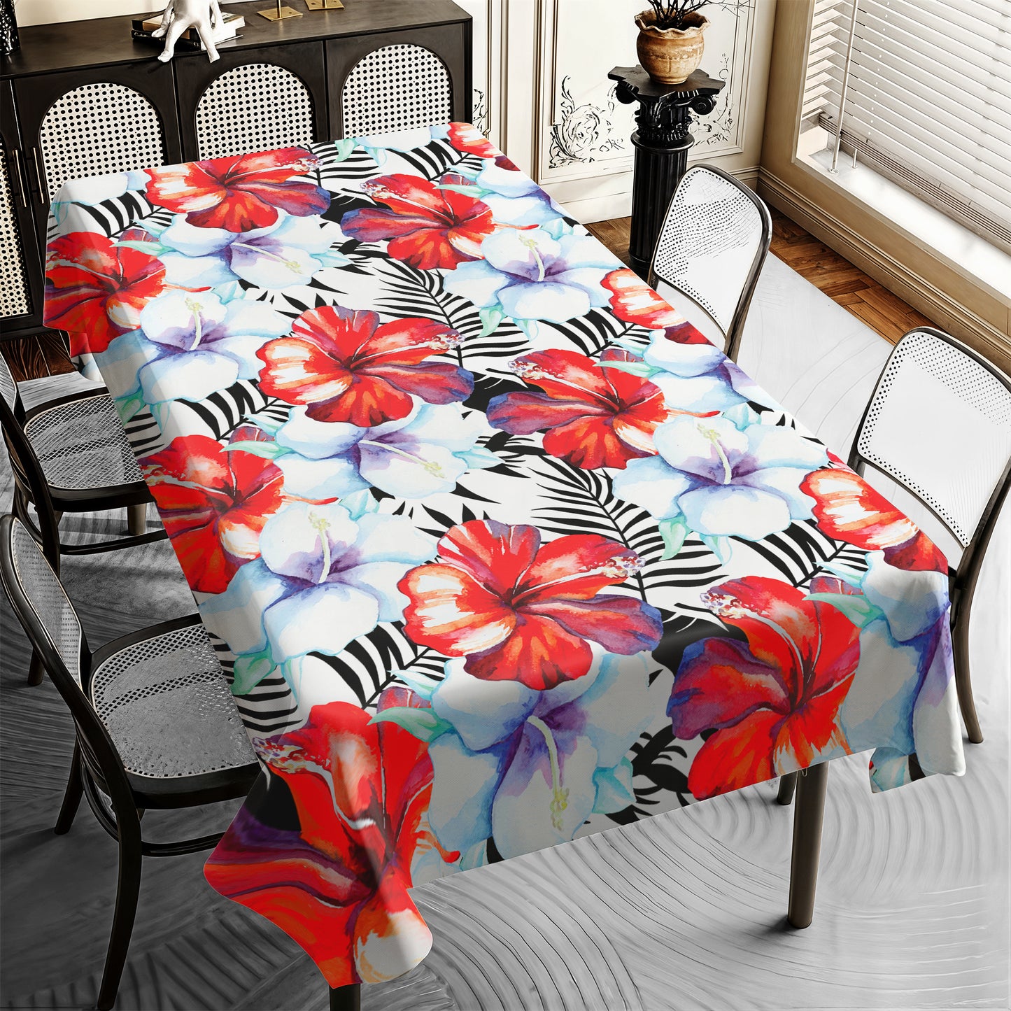 Red and White Tropical Flowers Rectangle Tablecloth