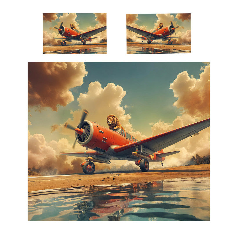 Retro Lion On Plane Duvet Cover Set