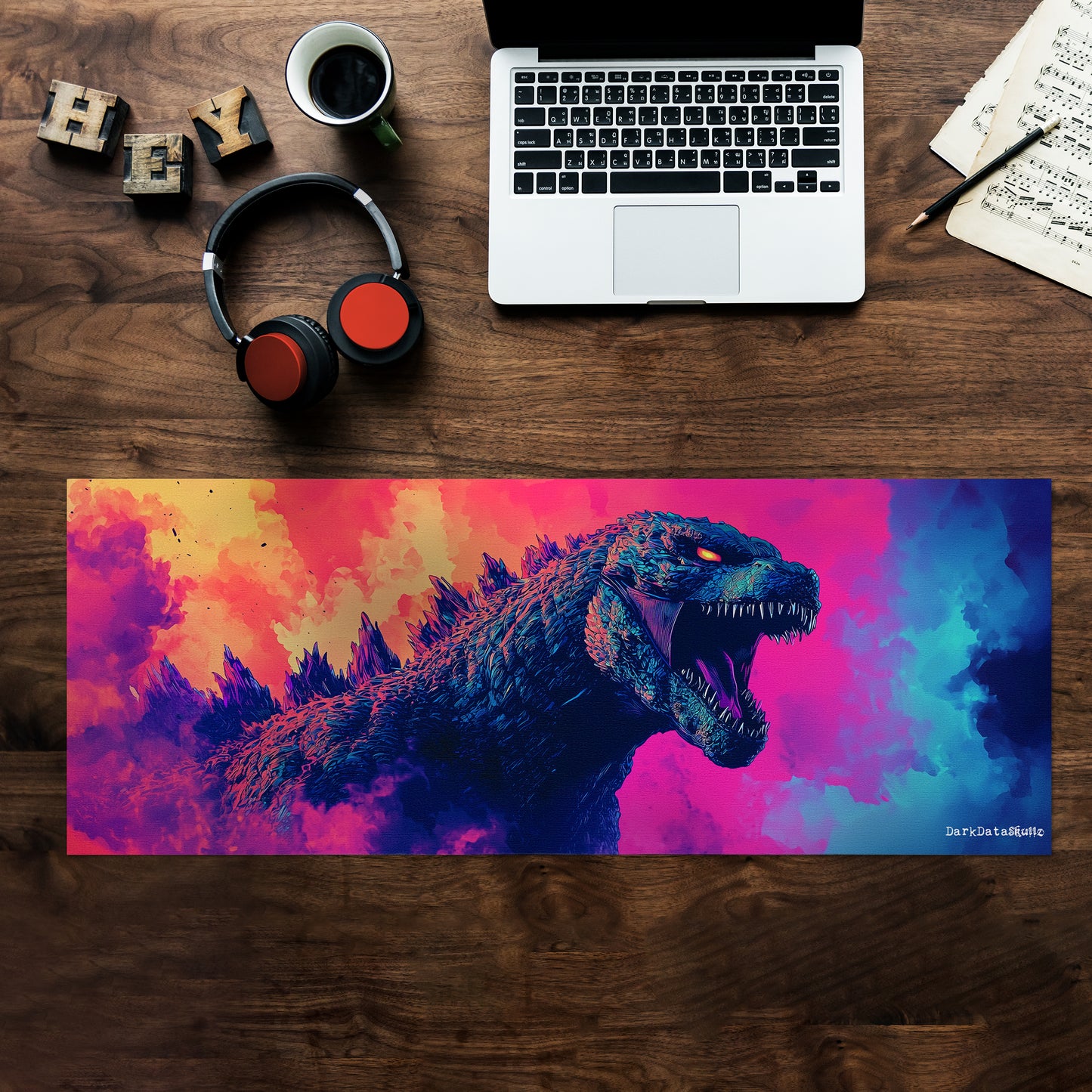 Retro Pop Art Godzilla Dust Large Desk Pad by Wikus Schalkwyk