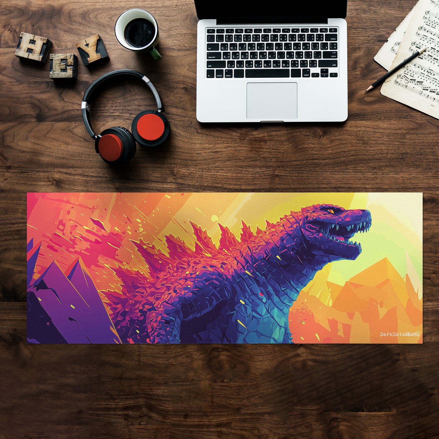 Retro Pop Art Godzilla Sun Rise Large Desk Pad by Wikus Schalkwyk