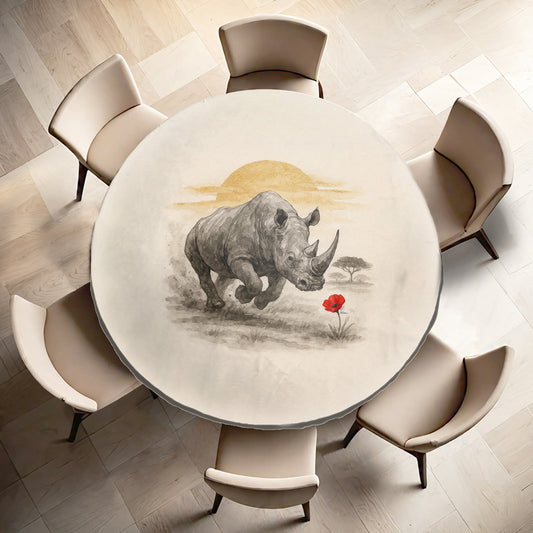 Rhino And The Red Bloom Round Tablecloth by Nathan Pieterse