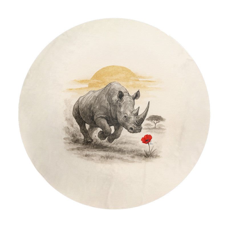 Rhino And The Red Bloom Round Tablecloth by Nathan Pieterse