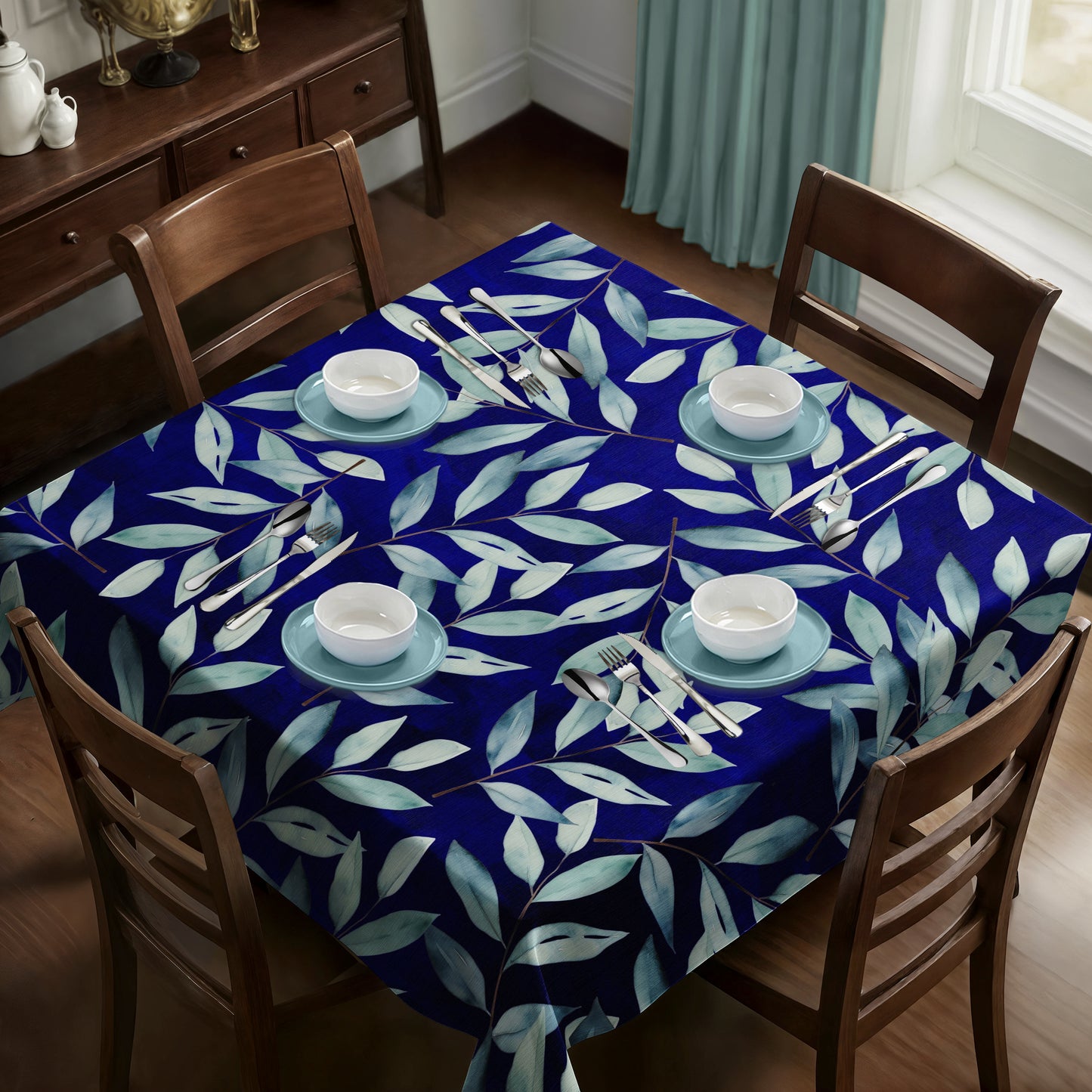 Royal Blue Waterpainted Blue Leaves By Mark Van Vuuren Square Tablecloth