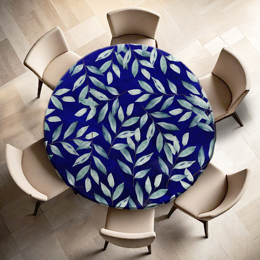 Royal Blue Water Painted Leaves By Mark Van Vuuren Round Tablecloth