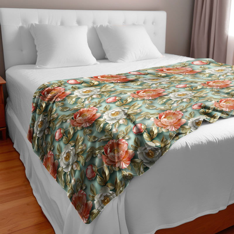 Sage And Peach Peonies Bed Throw Blanket
