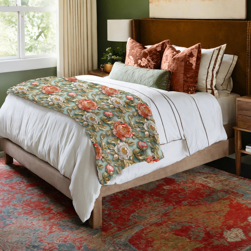 Sage And Peach Peonies Bed Throw Blanket