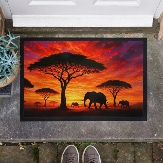 Savannah Sunset with Elephants and Acacias Door Mat by Nathan Pieterse
