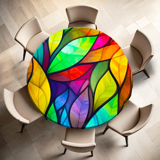 Stained Glass Leaves Round Tablecloth