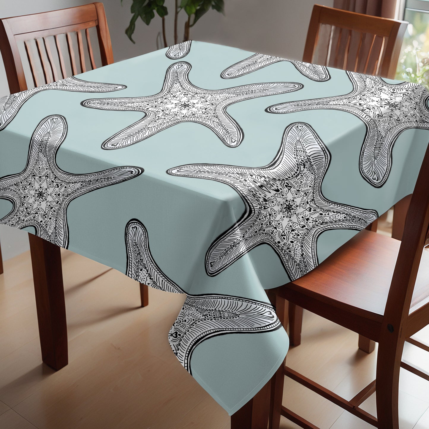 Starfish On Sea-Green Square Tablecloth by Fifo