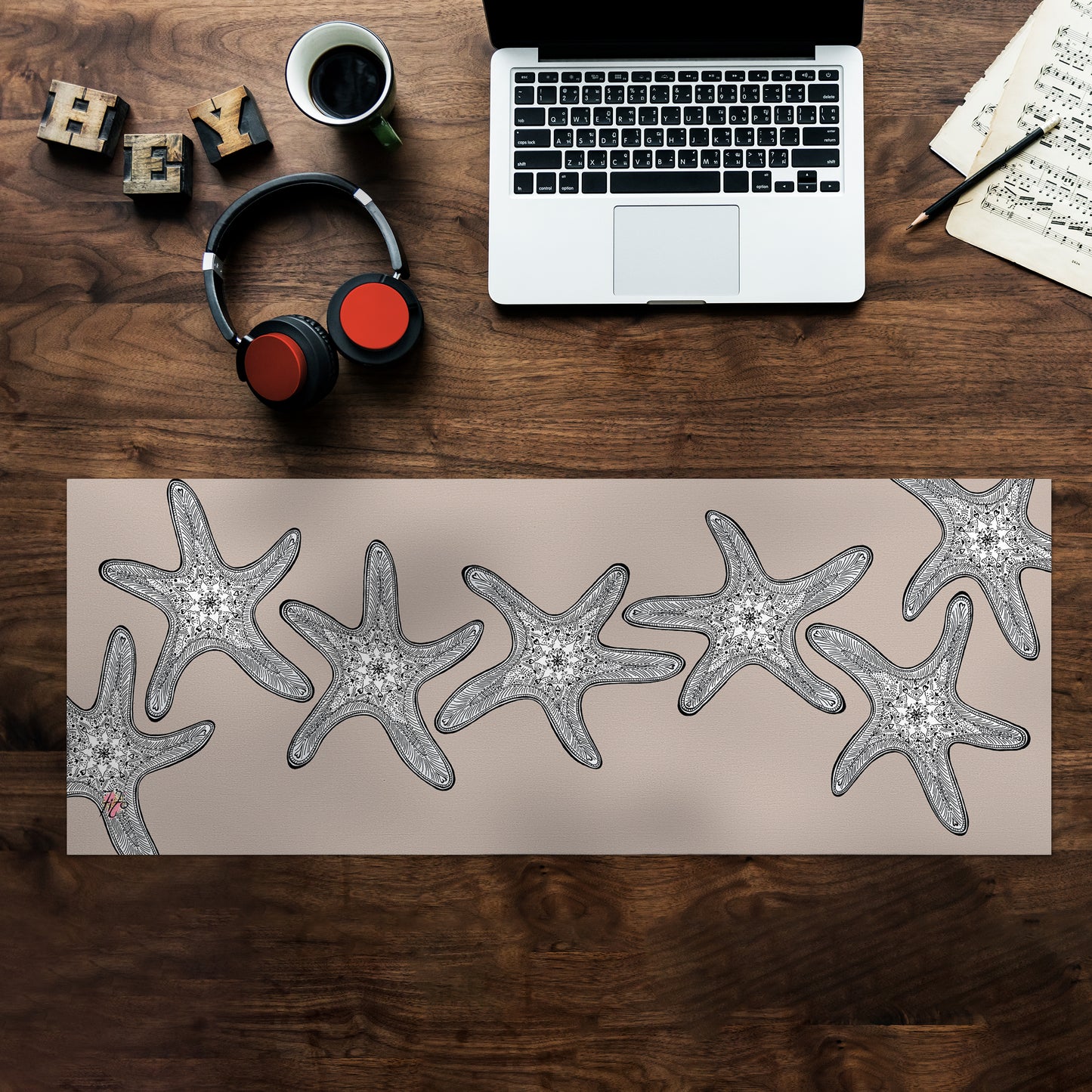 Starfish On Taupe Desk Pad by Fifo