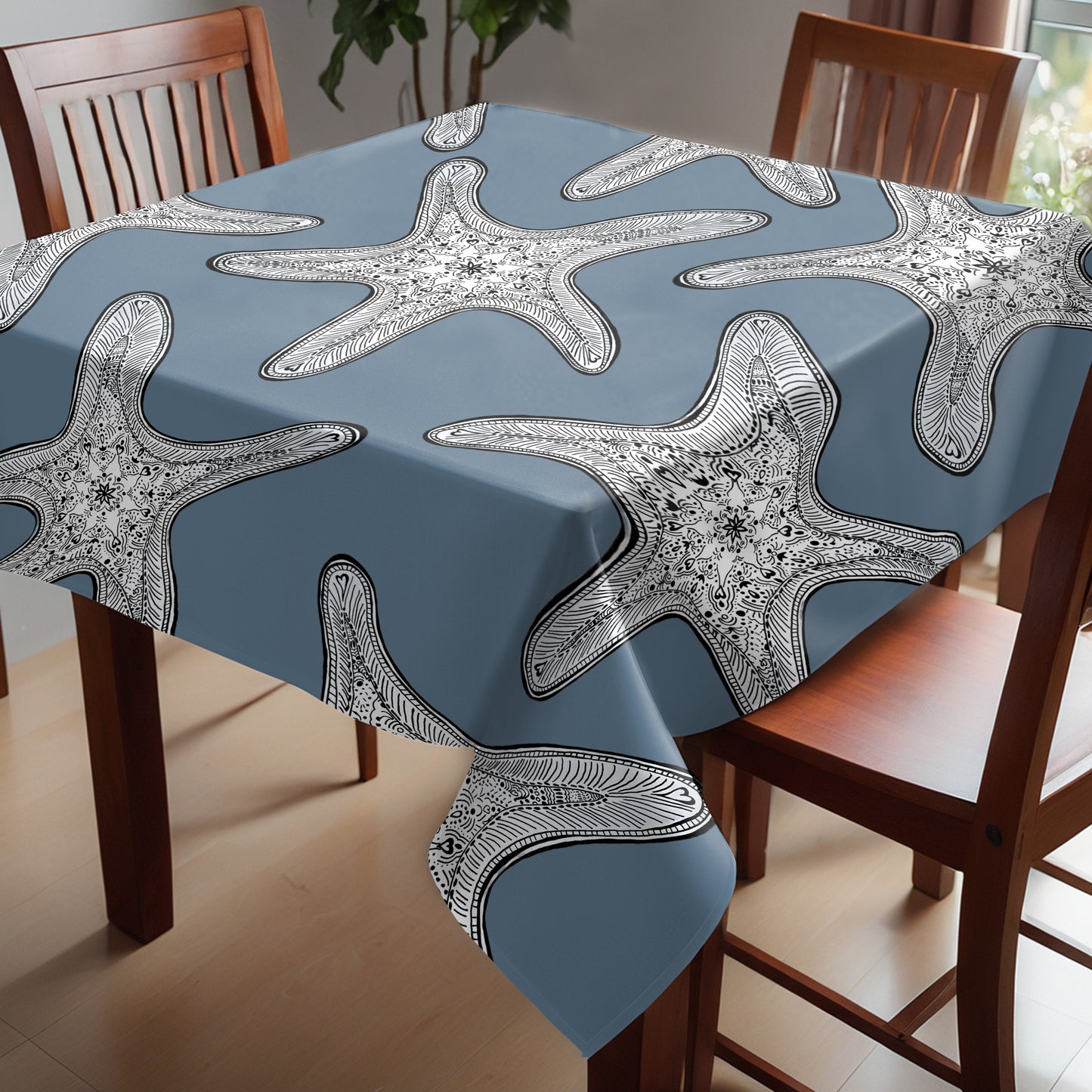 Starfish on Smokey Blue Square Tablecloth by Fifo