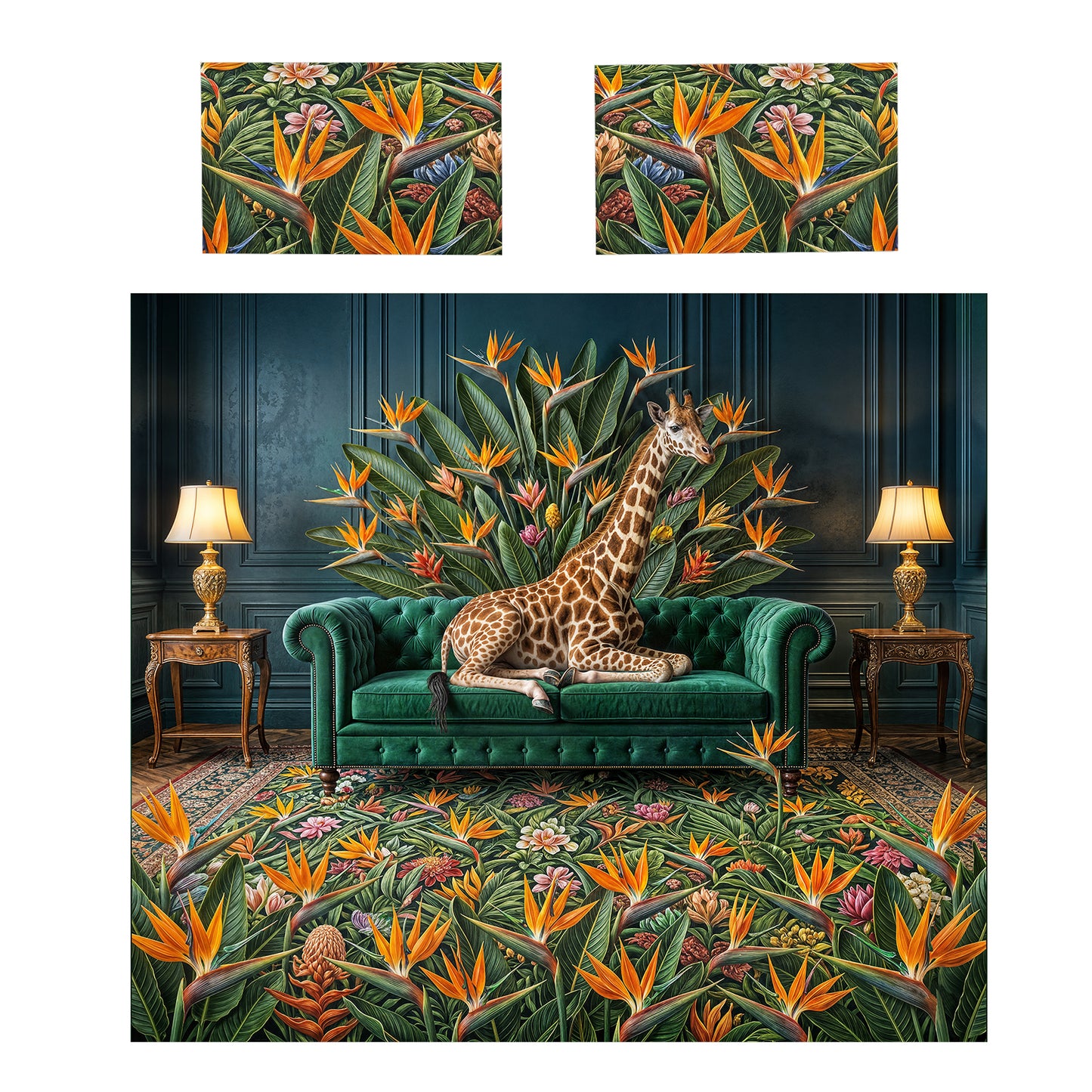 Strelitzia Giraffe on Green Sofa Duvet Cover Set