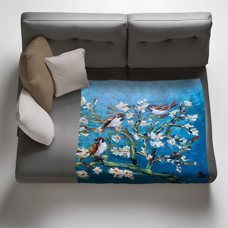 Swallows in White Blossom Tree Light Weigt Fleece Blanket By Juanette Menderoi