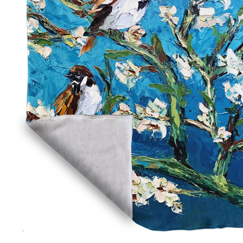 Swallows in White Blossom Tree Light Weigt Fleece Blanket By Juanette Menderoi