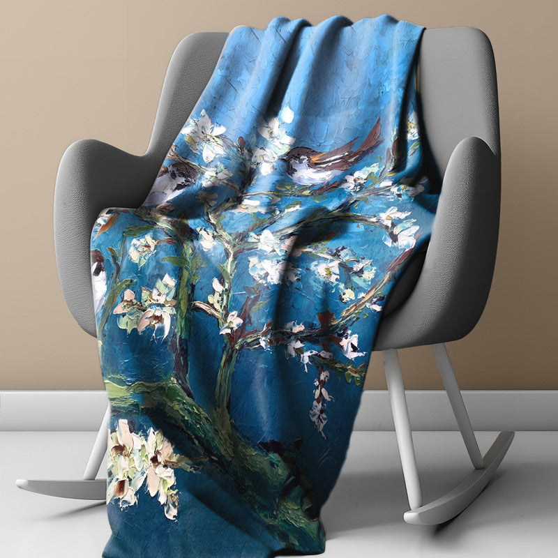 Swallows in White Blossom Tree Light Weigt Fleece Blanket By Juanette Menderoi